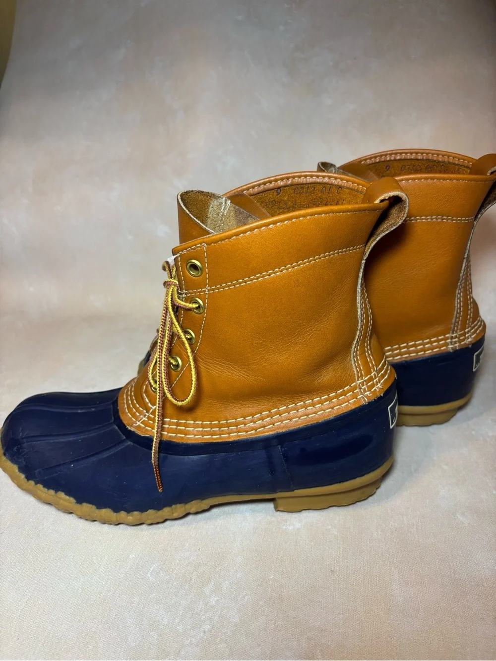 L.L. Bean Women’s Bean Boots, Tan Leather & Navy, waterproof hunting, 9 LM